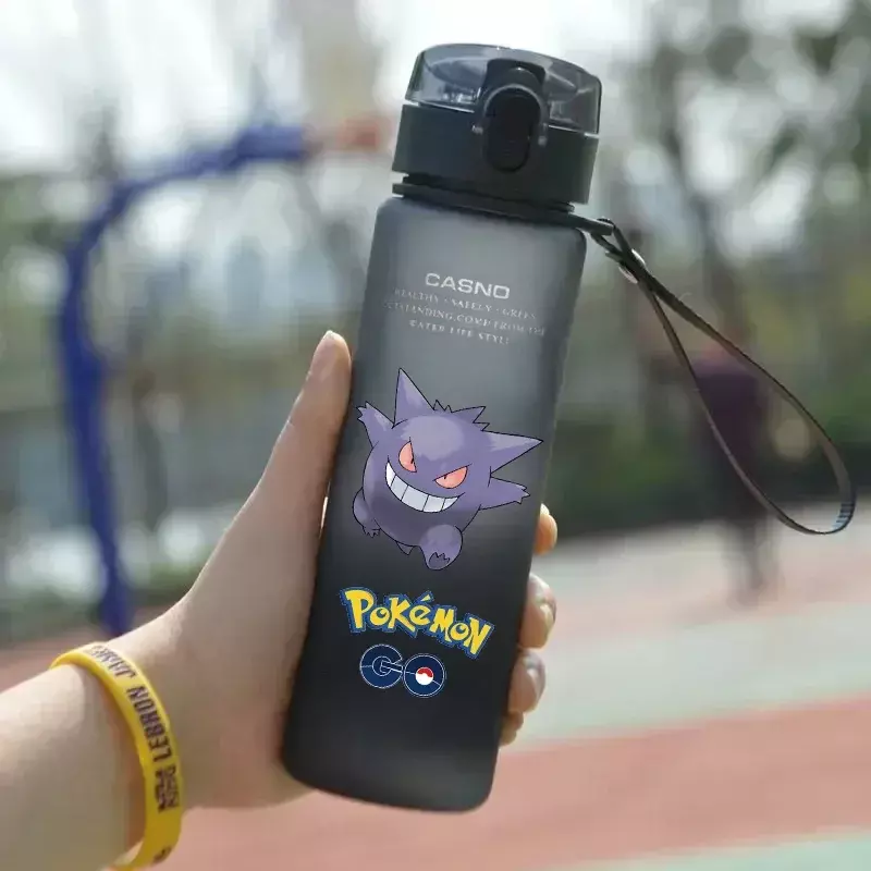 Pokémon Gengar Large Capacity Sports Water Bottle, Kawai Pikachu, Outdoor, Preto, Portátil, Plástico, Desenhos animados, 560ml