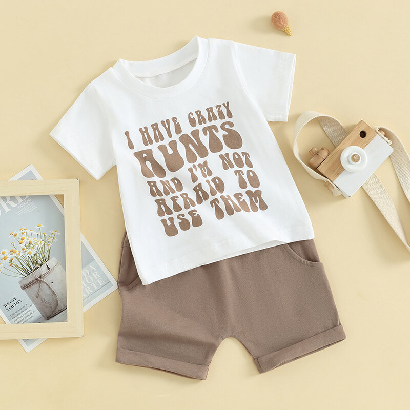 Toddler Boys Letter Print Camisetas de manga curta, cintura elástica, roupas, roupas de verão, 2 peças