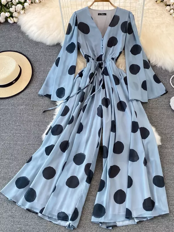 Women's Spring Summer Polka Dot Jumpsuit Long Sleeve Elegant Casual Loose Overalls Female Beach Holiday Rompers Fashion Clothes