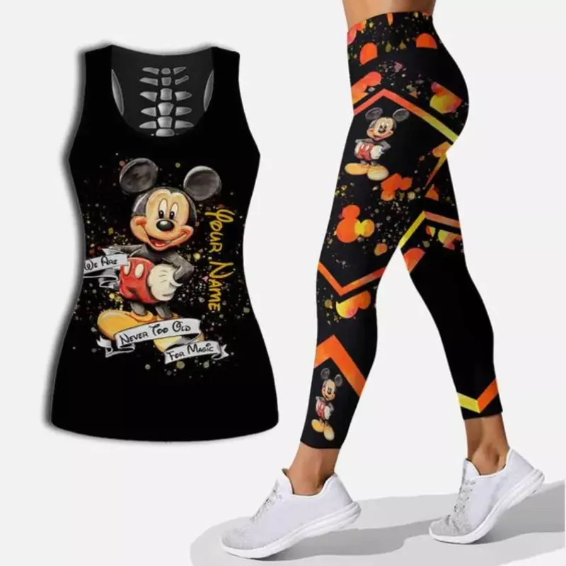 Conjunto de mallas deportivas con nombre personalizado para mujer, chaleco hueco de Mickey, traje de Yoga, Leggings de Fitness, camiseta sin mangas de Disney