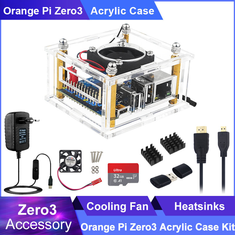 Orange Pi Zero 3 Acrylic Case Tranparent Passive Cooling Shell Optional Cooling Fan Heatsink Power Supply for Orange Pi Zero 3