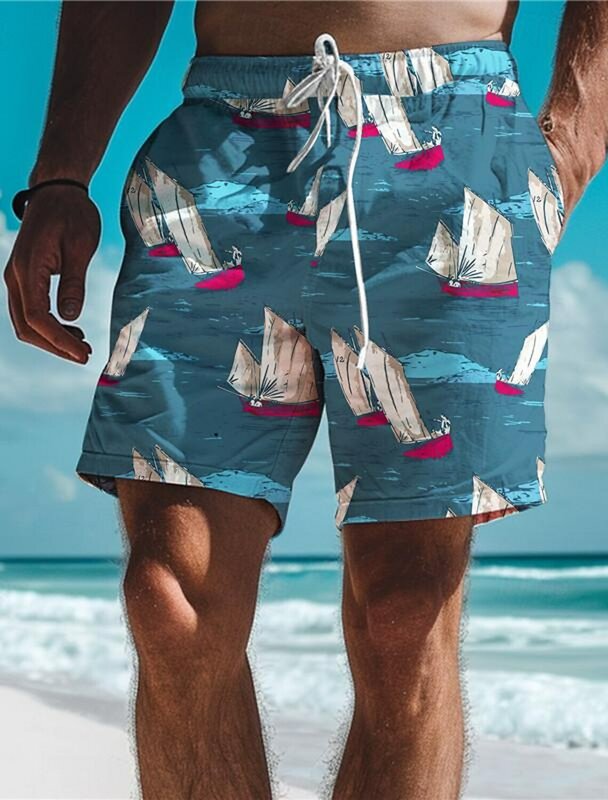 Moda żaglówka 3D drukowane męskie spodenki plażowe spodenki hawajskie kąpielówki sznurkiem wygodne oddychające spodenki wakacyjne