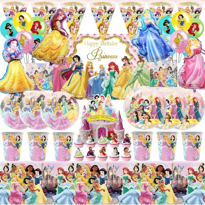 Disney Princess Kids Girls Party Decoration Balloons Disposable Tableware Set Cartoon Snow White Mermaid Birthday Party Supplies