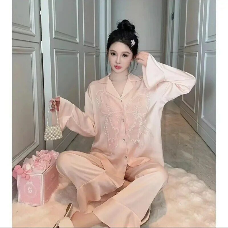 Pijama de seda de gelo feminino, calça de manga comprida feminina, puro, doce e adorável, verão, sedoso, gelado, novo estilo, duas peças, verão