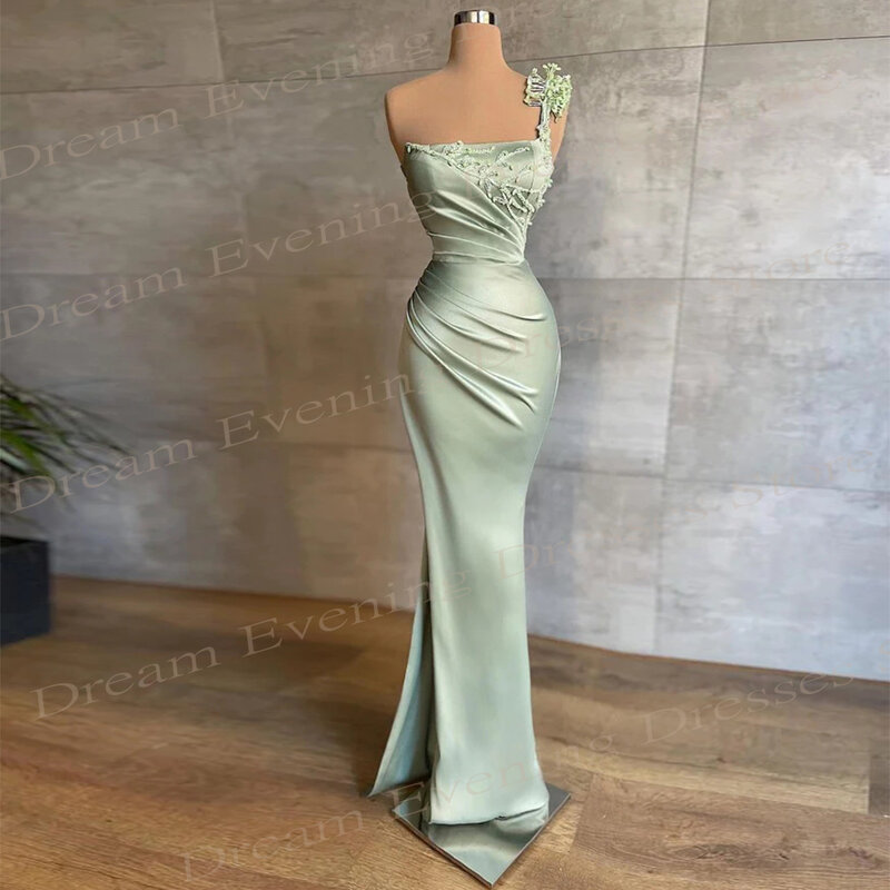 Simple Generous Light Green Women's Mermaid Charming Evening Dresses Graceful One Shoulder Prom Gowns Sleeveless Formal Occasion