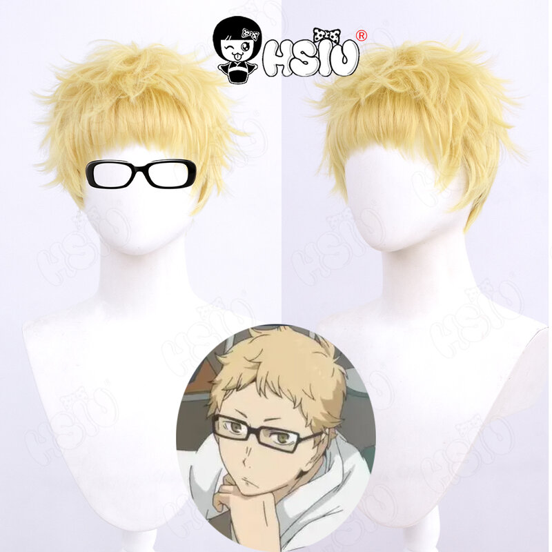 Tsukishima Kei parrucca Cosplay Anime haikyuu parrucca cosplay HSIU 25cm parrucca sintetica resistente al calore capelli corti giallo chiaro + cappuccio parrucca