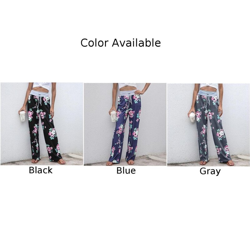 Women's Casual Loose Fit Palazzo Pants for Summer Floral Print Wide Leg Trousers Drawstring Waist Black/Gray/Blue