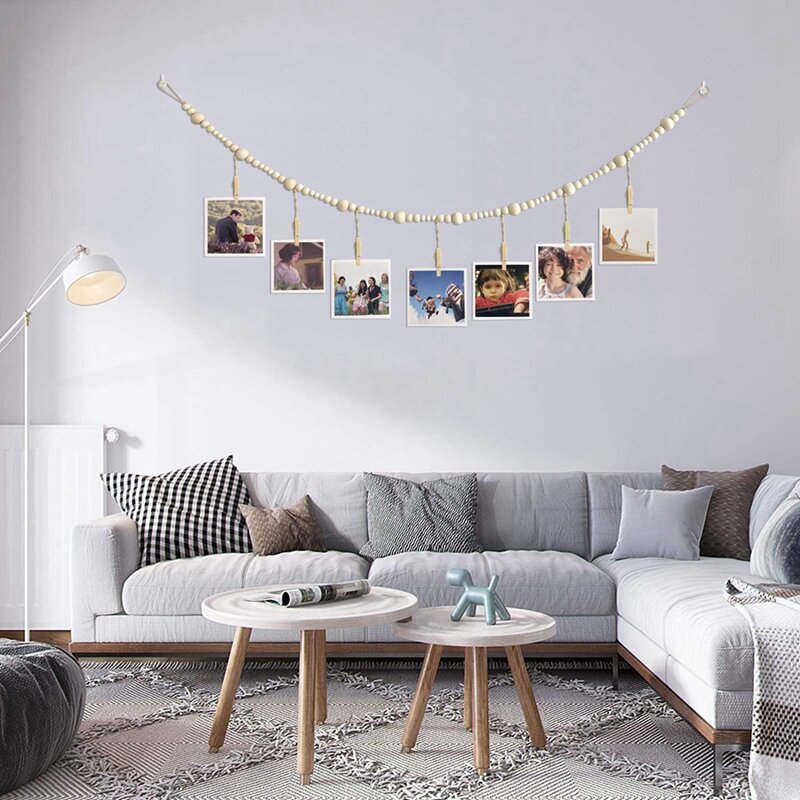 3PCS Boho Wooden Bead Garland Collage Picture Frame With 7 Wood Clips For Home, Office