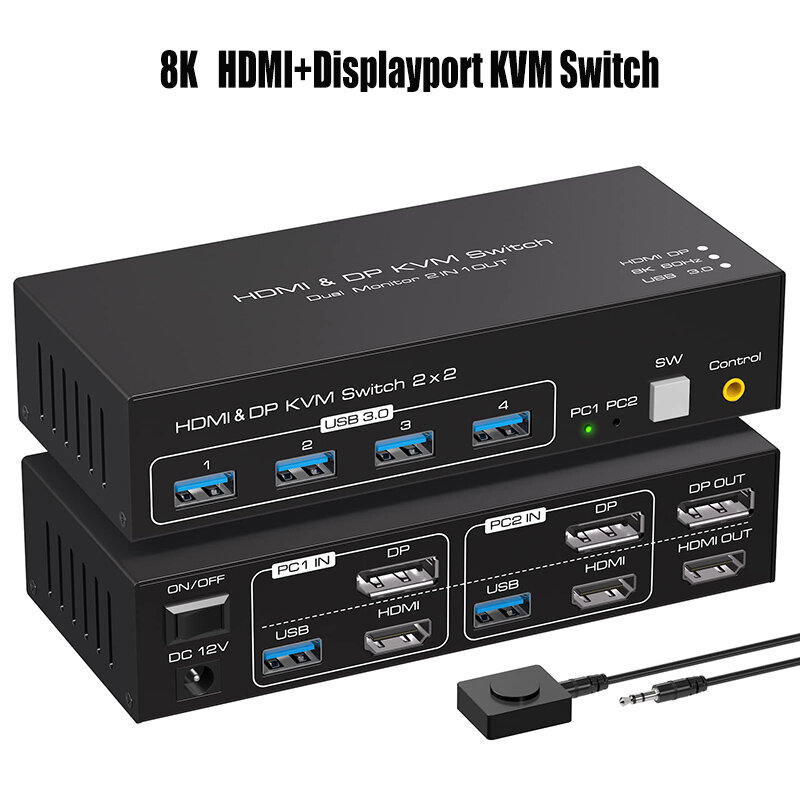 Switch HDMI DP KVM, Monitor duplo, Display estendido, 8K, 60Hz, USB 3.0, Switcher para 2 computadores, 2 monitores e 4 dispositivos USB, 2x2