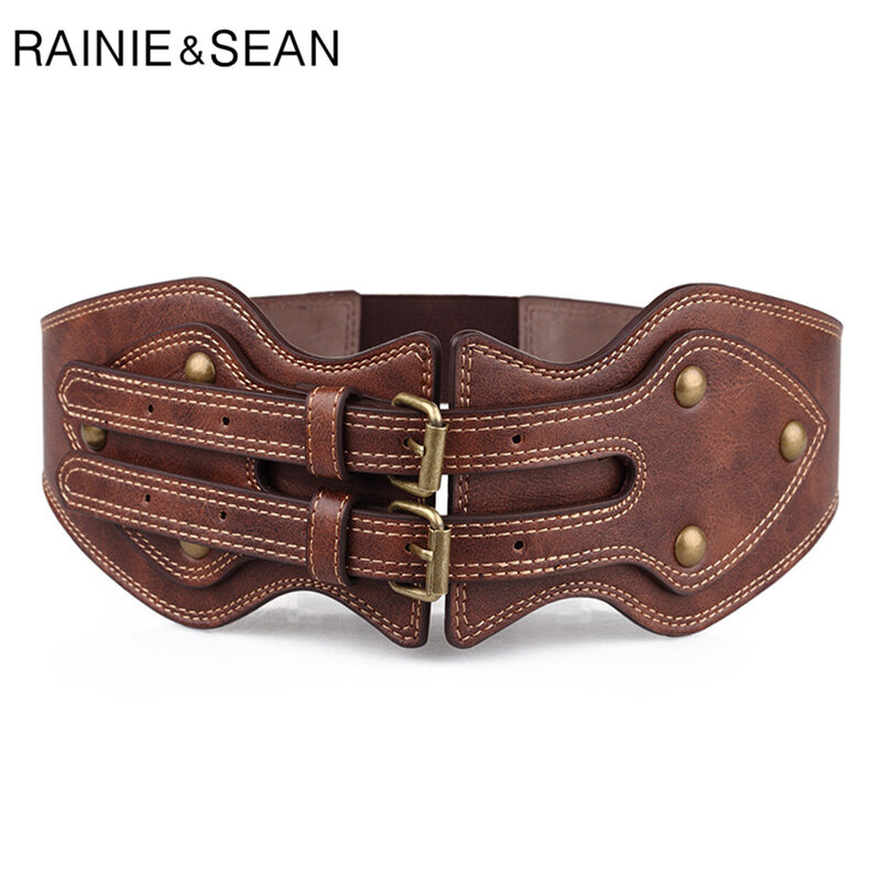 Ремень женский RAINIE SEAN, широкий кожаный, с заклепками в стиле панк, коричневый, эластичный