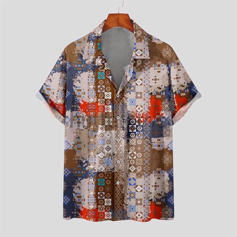 Fashion Men's Summer Short -sleeved Retro Shirt Casual Lapel Multi -color Digital Printing Shirt