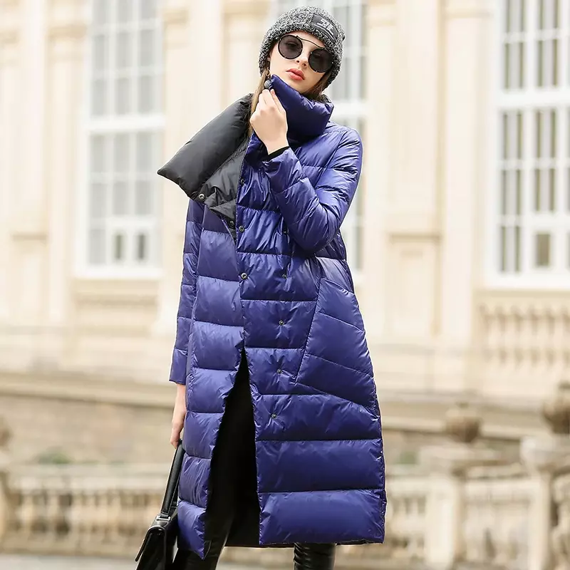 2023 겨울 다운 재킷 여성용 파카 코트, 터틀넥 롱 캐주얼, 가볍고 따뜻한 덕다운, 양면 착용, 방수 아우터