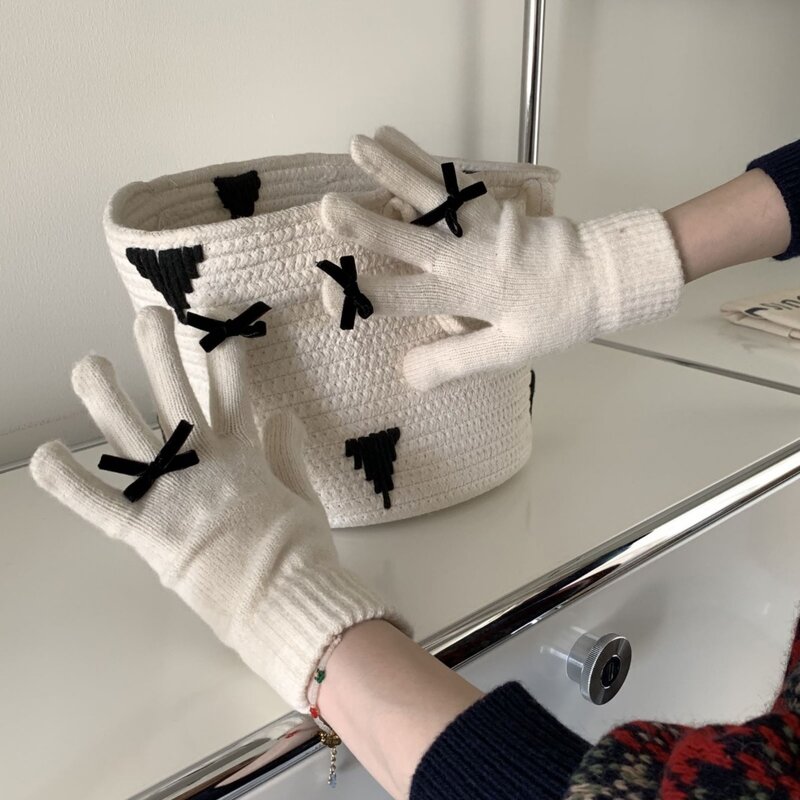 Модные вязаные перчатки с бантом, женские зимние перчатки, теплые перчатки для верховой езды, однотонные пушистые рабочие перчатки Y2k, милые варежки в стиле Харадзюку