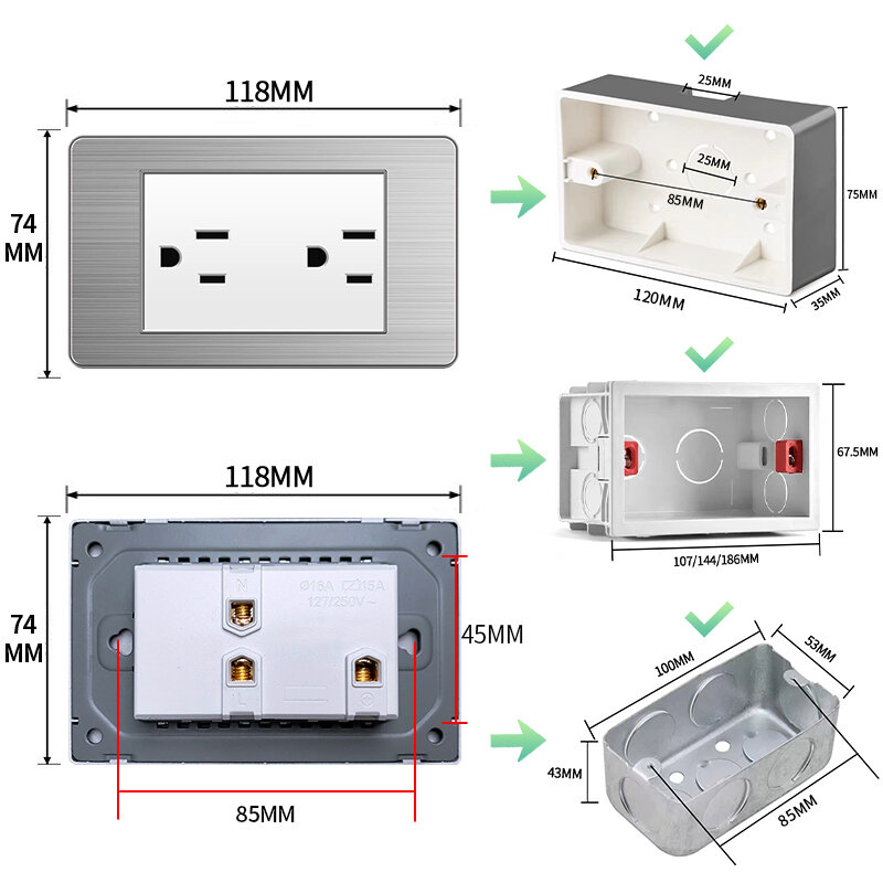 PSSRISE Grey Stainless Steel Panel Brazil EU IT US Standard Outlet Double USB Type C Wall Power Socket Light Switch Office 2.1A