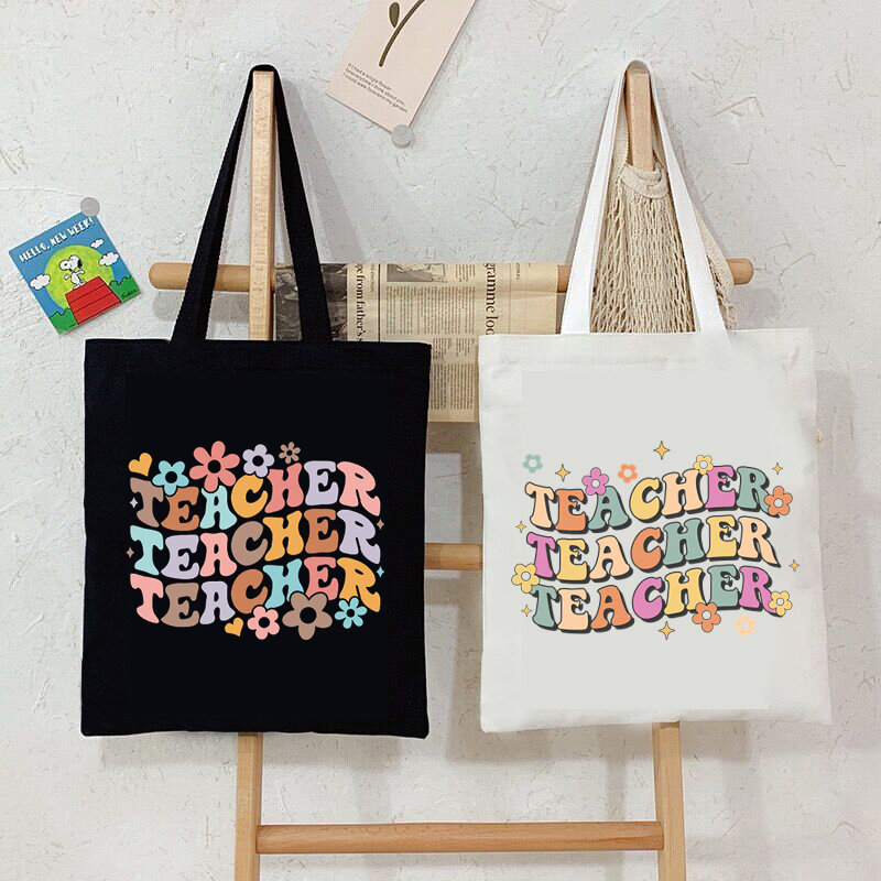 Bolsas vintage de letras coloridas para mulheres sacola de lona, estilo floral, moda Y2K, sacolas de compras, bolsa lateral feminina, presente do professor
