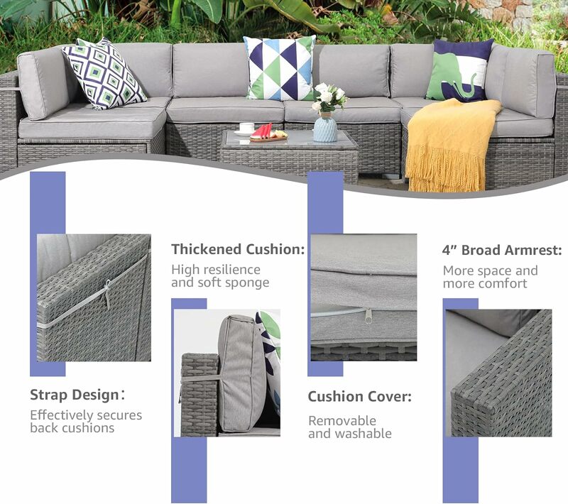 7 Pieces Outdoor Patio Furniture Set, All Weather Grey PE Wicker Rattan Sectional Conversation Set, Porch Garden
