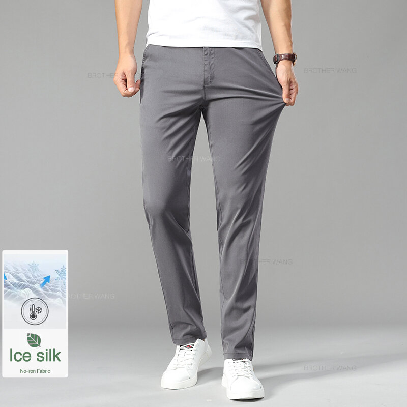 Letnie Ultra-cienkie męskie lodowy jedwab spodnie na co dzień miękkie wygodne jednolity kolor elastyczne proste spodnie biznesowe Biege Khaki