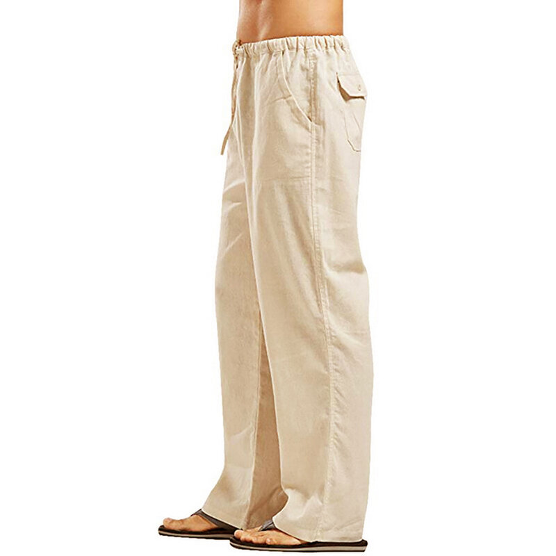 Pantalones de lino y algodón para hombre, pantalón largo, holgado, informal, con cintura elástica, ligero, talla grande