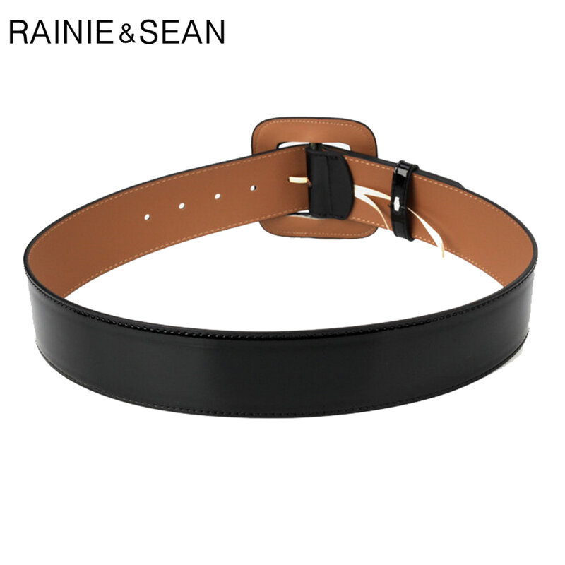 RAINIE-cinturón ancho de piel de vaca auténtica para mujer, cinturón elegante de cuero de charol, color negro, diseño francés de lujo