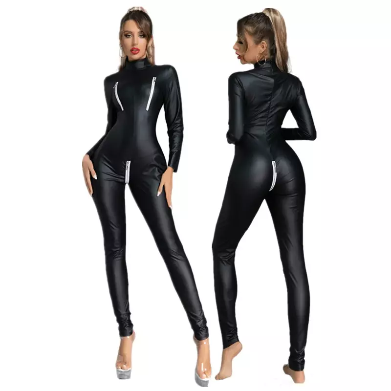 Zwarte Pu Faux Lederen Jumpsuit Met Ritssluiting En Open Kruis Voor Dames Catsuits Nachtclub Sexy Podiumdansbodysuit