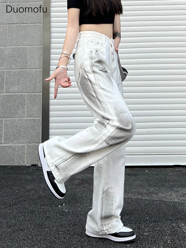 Duomofu-Calça jeans grunge branca estilo coreano grunge, calças jeans largas de grandes dimensões, streetwear Harajuku Kpop, calças largas, hippie