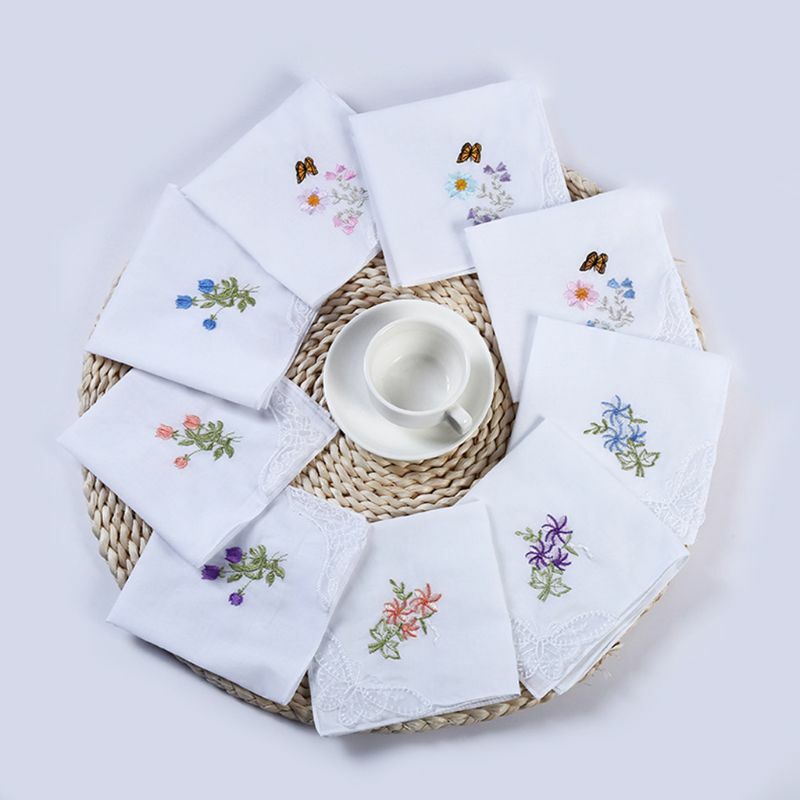 5Pcs/Set 11x11 Inch Womens Cotton Square Handkerchiefs Floral Embroidered with for Butterfly Lace Corner Pocket Hanky DropShip