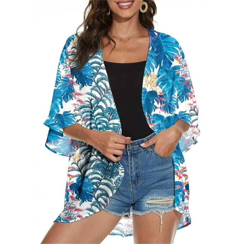 Atasan kardigan Kimono wanita, baju renang atasan kasual jaket penutup bunga pantai 2023 untuk perempuan musim panas
