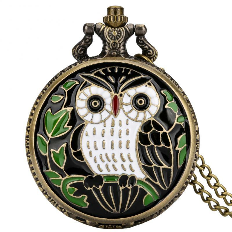 2023 antik indah desain burung hantu Retro Drop lem kalung Full Hunter Quartz wanita saku jam tangan angka Arab Dial liontin hadiah