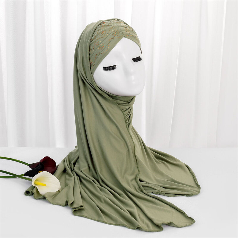 Moslim Effen Kleur Diamanten Hijab Sjaal Met Bandage Antislip Hoofdband Islamitische Sjaals Headwrap Tulbanden Stropdas Msulim Mode Touw