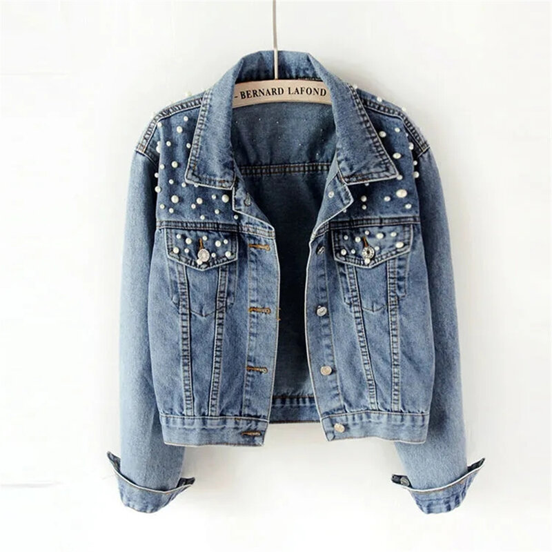Nuova giacca di jeans da donna di moda autunnale a maniche lunghe con bottoni larghi perle con risvolto corto Casual 2023 cardigan stile coreano ritagliato