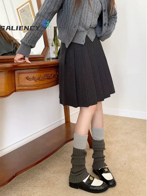 Falda plisada de Tweed para mujer, minifalda plisada de cintura alta, color gris oscuro, estilo universitario, primavera 2024