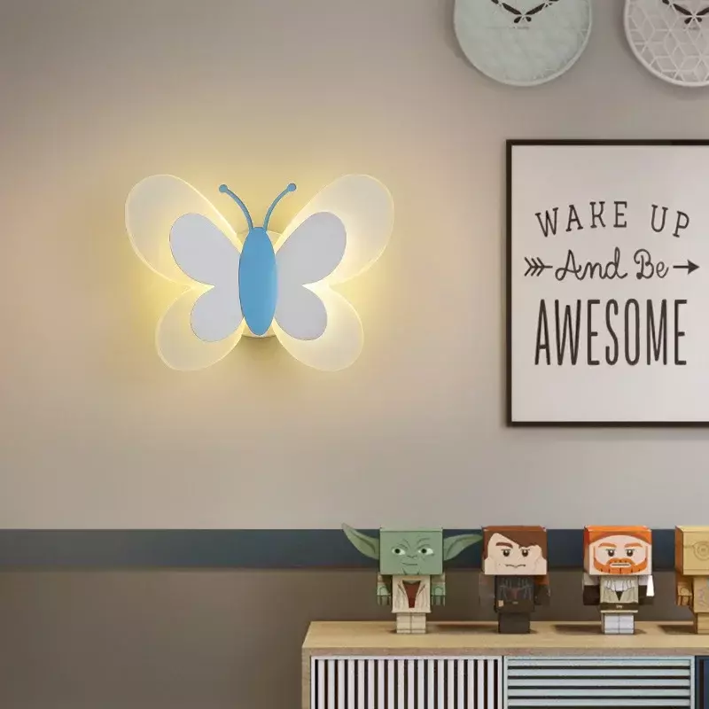 Lâmpada de parede LED criativa moderna para quarto de crianças, personagem de borboleta nórdico simples dos desenhos animados, candeeiro para meninos e meninas