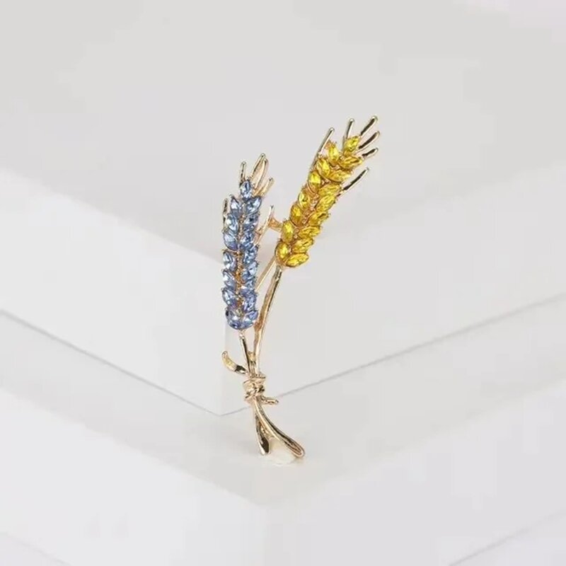Trendy Ear of Wheat Brooches for Women Rhinestone Blue and Yellow Plant Pins Jewelry Rhinestone Badge Delicate Gift Accessories