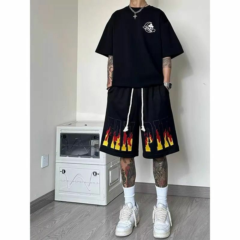 American Style Summer Sports Shorts Men's Letter Contrast Color Drawstring Elastic Waist Loose Straight Casual Wide Leg Trousers
