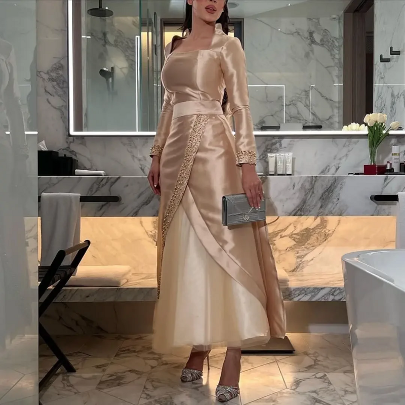 Square Beadings Evening Dresses Ankle Length Women Formal Occasion Party Dress Saudi Arabia Long Sleeves Prom Dresses prom dress