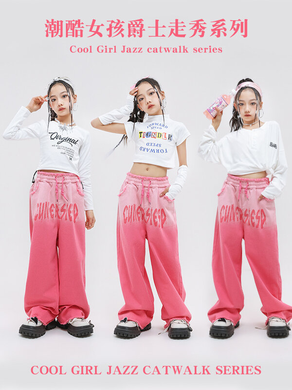 Hip Hop Girls Crop Top Pink Gradient Pants Kids Street Dance Sweatshirt Raw Edge Sweatpants Child Streetwear Jazz Clothes Sets