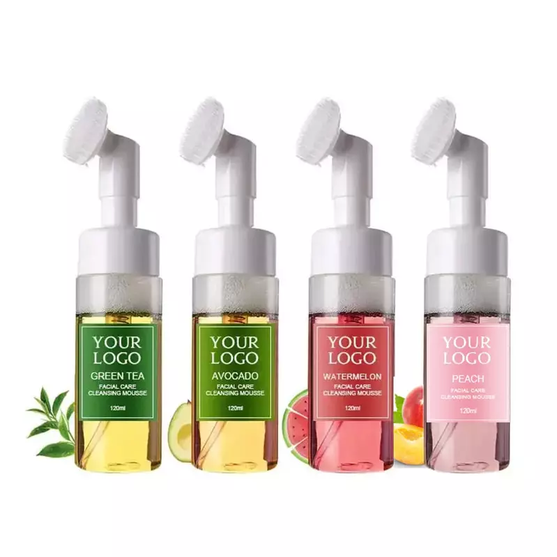 120ml Custom Logo Face Wash Private Label with Brush Avocado Watermelon Green Tea Cleansing Mousse Liquid Face Clean Makeup Milk
