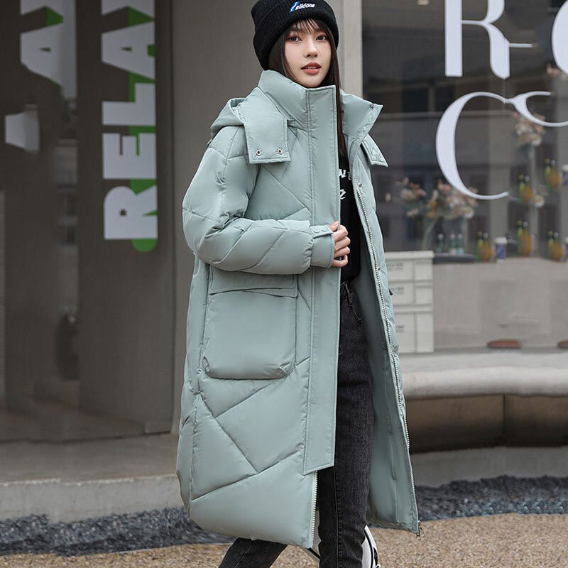 Nowy zimowy płaszcz odzież na śnieg damski puchowa kurtka bawełniana codzienny kurtka z kapturem płaszcz damski długi gruby ciepła watowana kurtka Supersize
