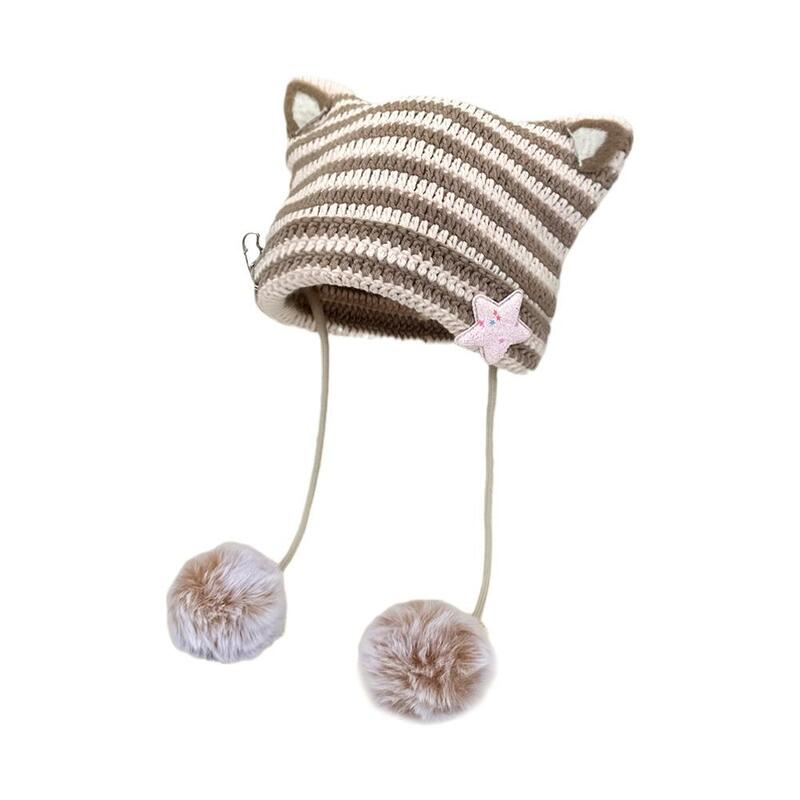 Bonnets d'oreille de chat japonais faits à la main pour femmes, pompons en poil de lapin, chérie rayée, bonnet chaud pour fille, chapeaux en tricot, automne, hiver, Y2k, F0V2