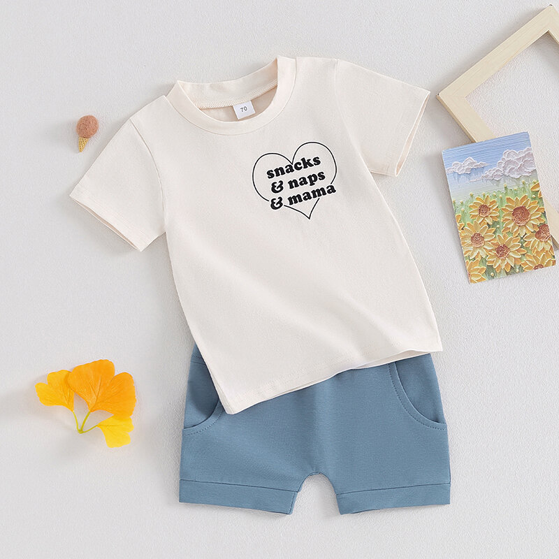 Ropa con estampado de letras para bebé, camiseta de manga corta, Tops, pantalones cortos sólidos, conjunto de trajes infantiles de verano