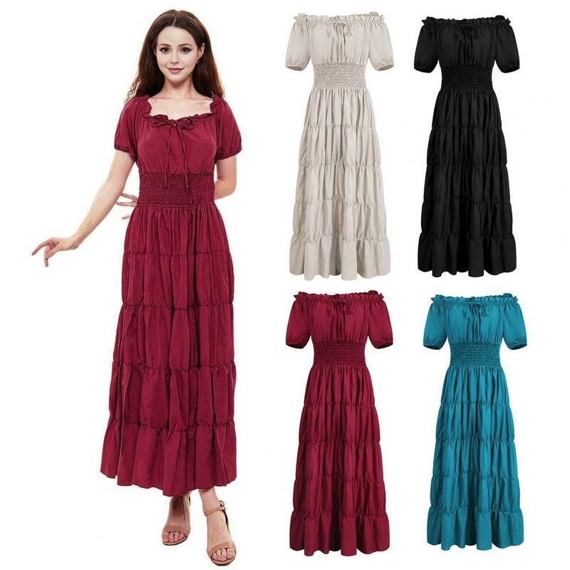 Waist-cinching Dress Vintage Renaissance Lace-up Maxi Dress Square Neck Pleated Short Sleeves Pure Color Patchwork for Prom