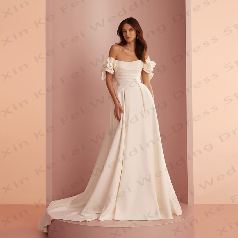 2024 Elegant Women's Wedding Dresses A-Line Sexy Off Shoulder Satin Pleated Princess Prom Wedding Dress Formal Beach Party Robe