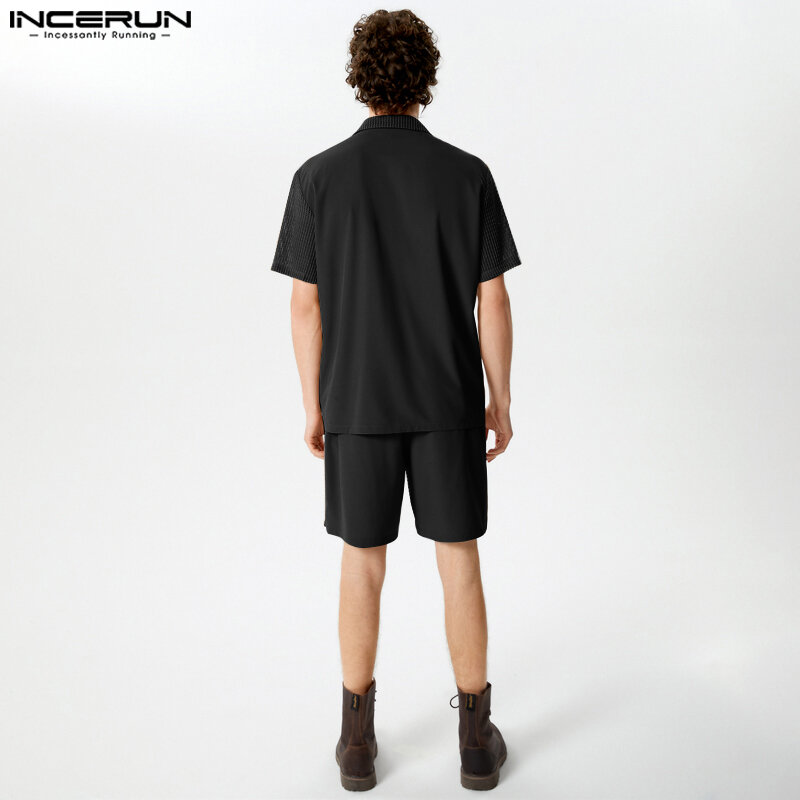 2024 Men Sets Solid Color Transparent Summer Lapel Short Sleeve Shirt & Shorts 2PCS Streetwear Fashion Men Casual Suits INCERUN