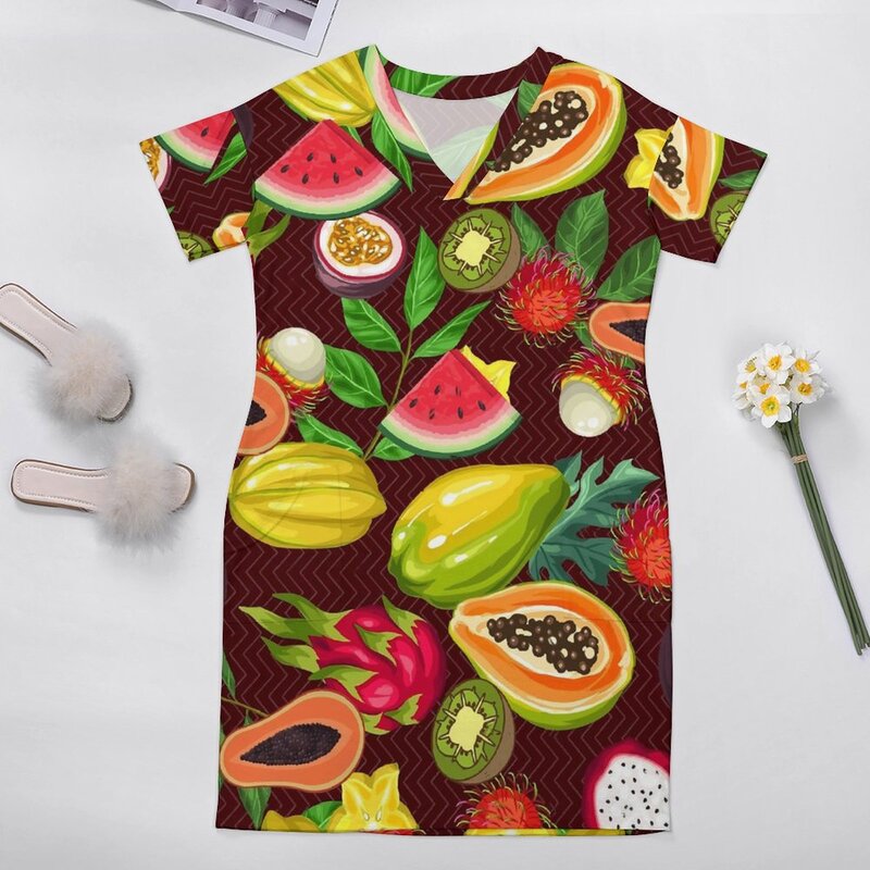 Gaun kasual motif buah tropis gaun elegan potongan buah-buahan warna-warni musim semi desain lengan pendek wanita gaun Fashion jalanan