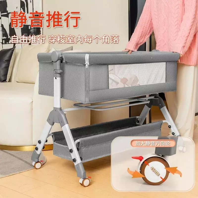سرير طفل حديث الولادة مع سرير كبير موصّل ، مهد Bb ، متعدد الوظائف ، متنقل وقابل للطي
