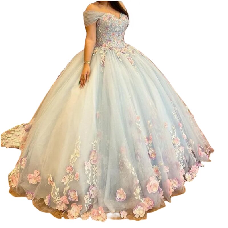 Charming Ice Blue Princess Prom Dresses Cap Sleeve Floral Beading 16 Year Girl Party Gown vestidos de 15 asenos quinceaeceras 2024