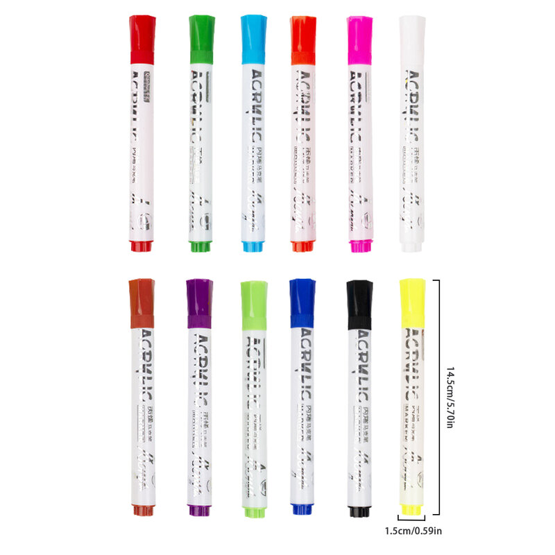 12色のアクリルペンのセット,ペイントマーカーのセット,速乾性,防水,ガラスロックウッドのファインチップ付きアクリルペイントペン