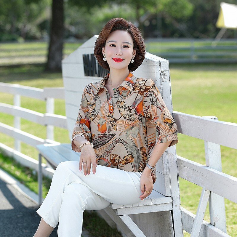 Casual Vintage femminile stampato 3/4 manica top estate sciolto tutto-fiammifero colletto rovesciato bottone t-shirt moda abbigliamento donna