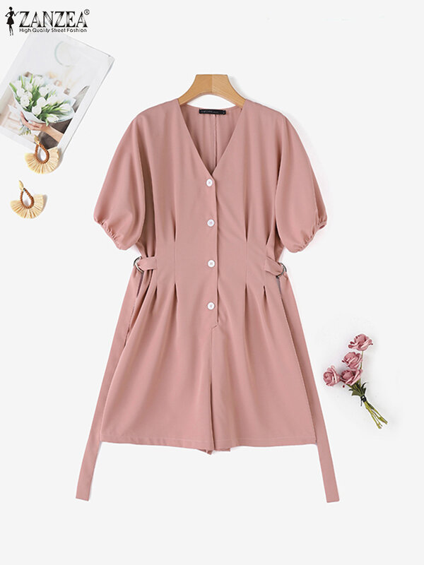 Women Playsuits 2024 ZANZEA Short Jumpsuits Summer Short Sleeve V-neck Casual Elegant Loose Pleated Solid Color Buttons Overalls