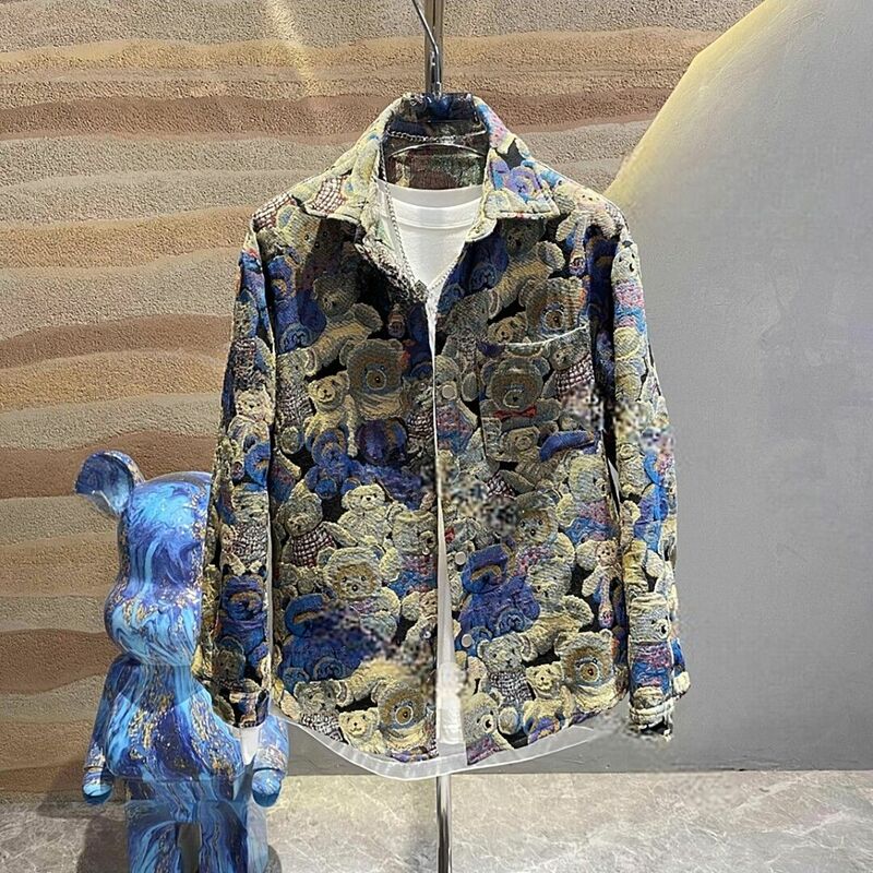 Autumn New Bear Embroidered Jacquard Lap Flower Coat Men Ins Fashionable Loose